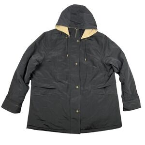90s Basic Editions Women Black Hooded Jacket Size 2X Polyester Lined Snap Button